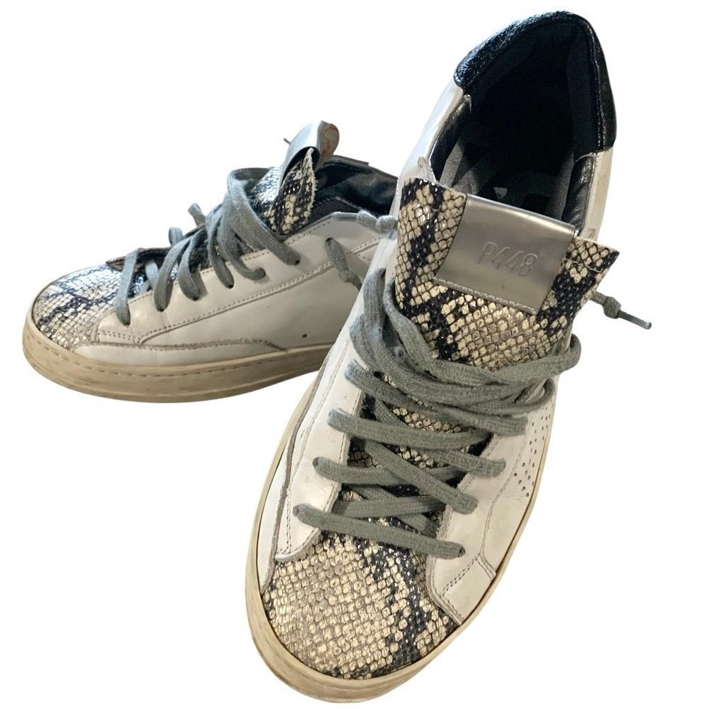 P448 John Sneakers 40 10 White Snakeskin Silver Leather Low Top Italy Edgy